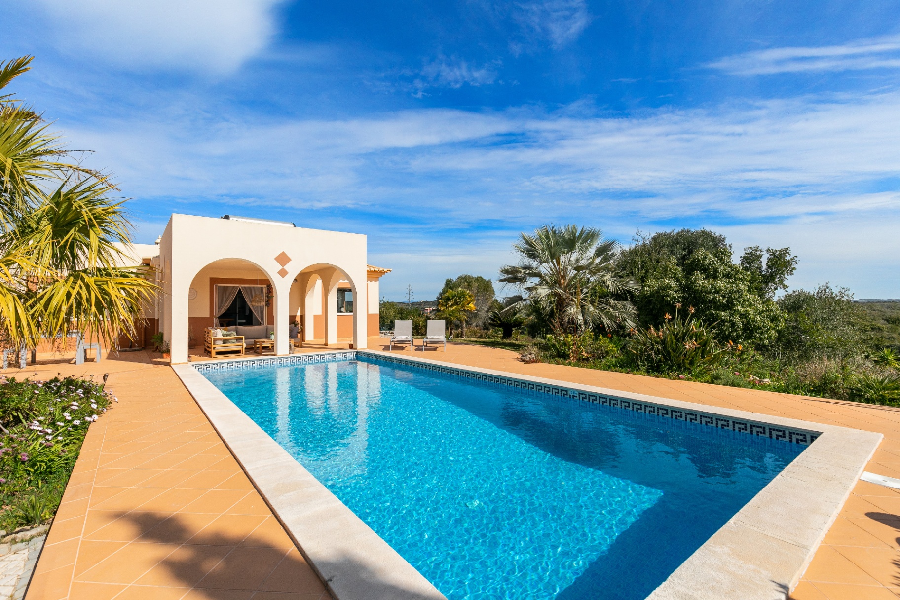 Coastal Sanctuary pool and terrace at sunset, Western Algarve
