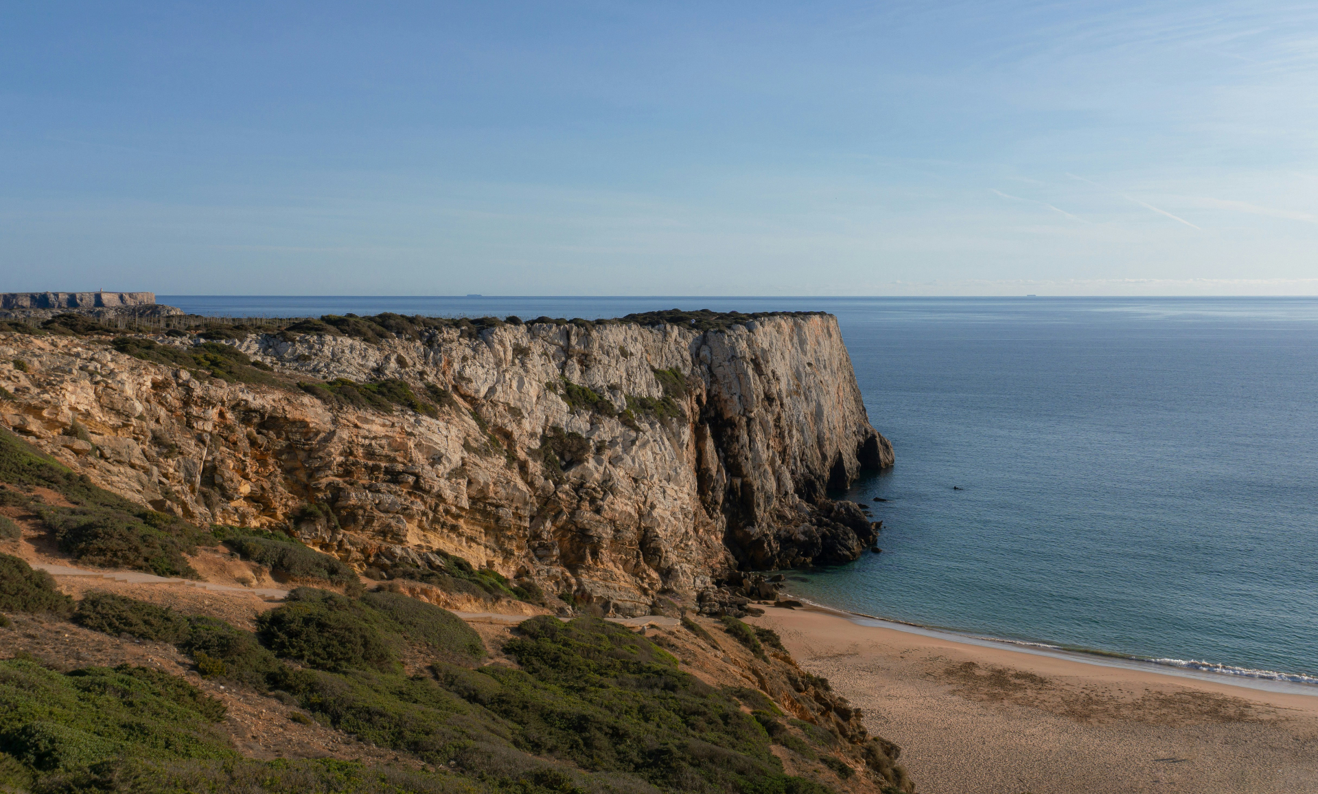Beliche beach with dramatic cliffs near Sagres fortress, Western Algarve